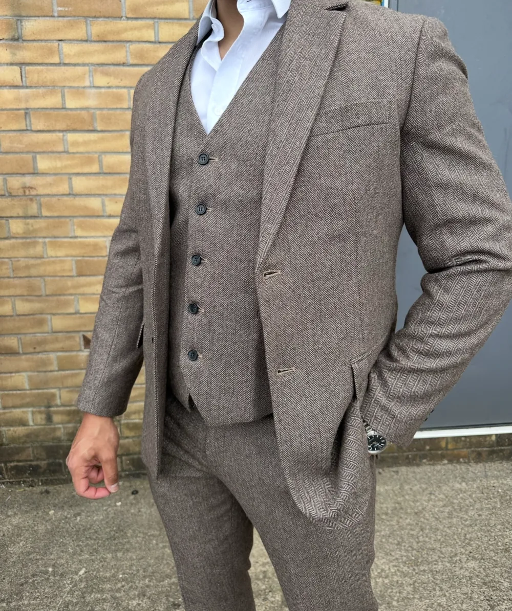 Light Brown Mens Tweed 3 Piece